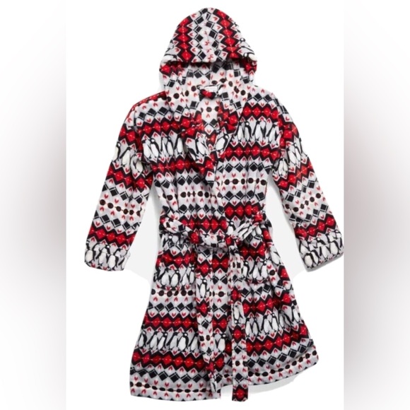 Vera Bradley Hooded Fleece Penguin Robe Hooded ✨ Red + Gray Size Medium - Picture 3 of 8
